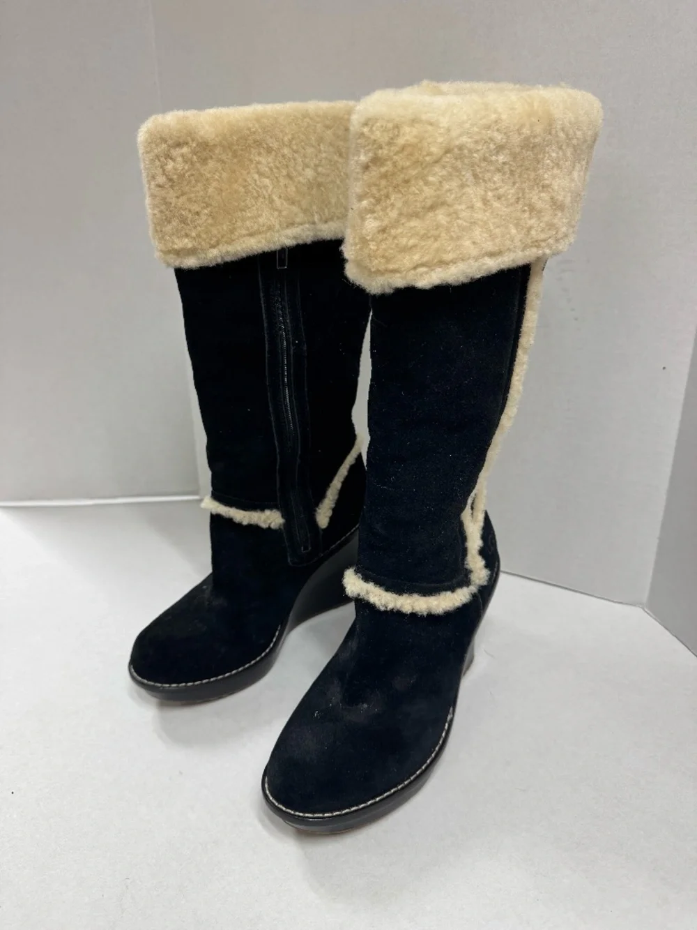 UGG Aubrie Wedge Shearling Knee Boot‎ in Black - Size 7.5.